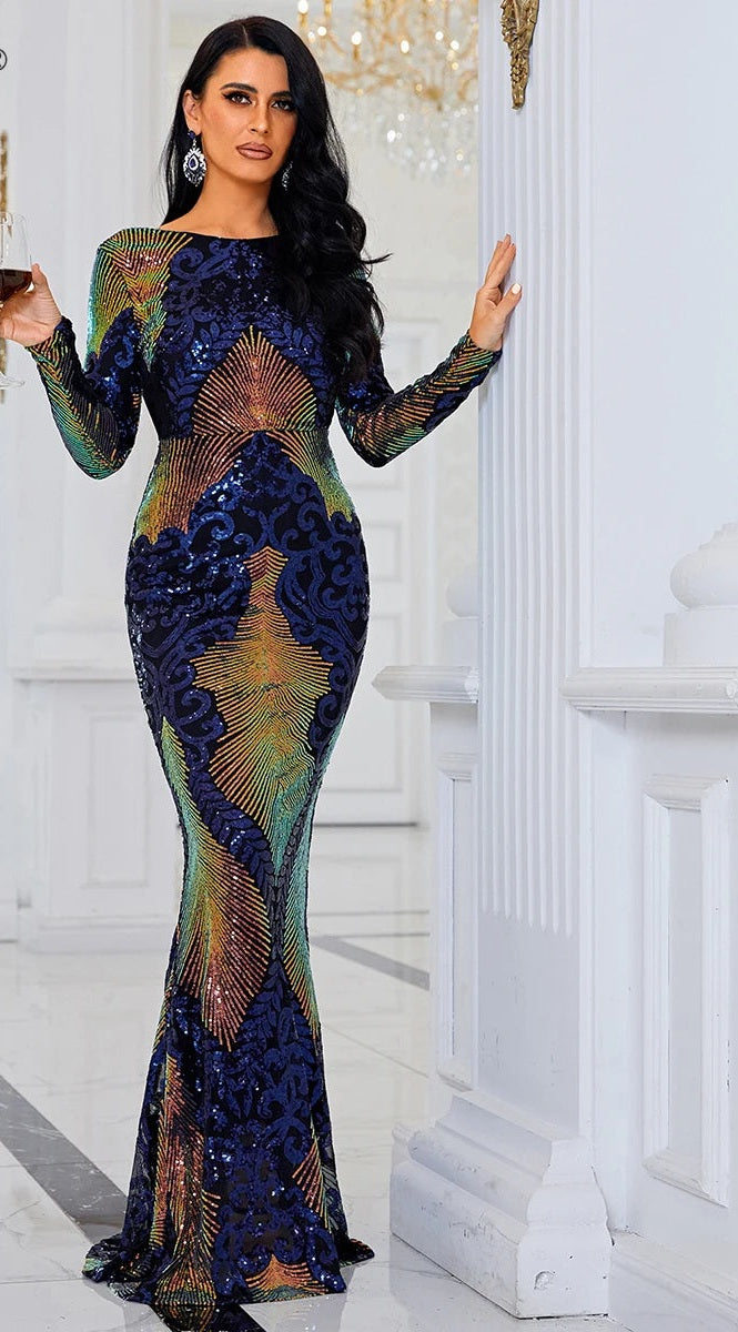 Metallic Mermaid Sequin O-Neck Long Sleeve Backless Bodycon Maxi Prom/Party Dress