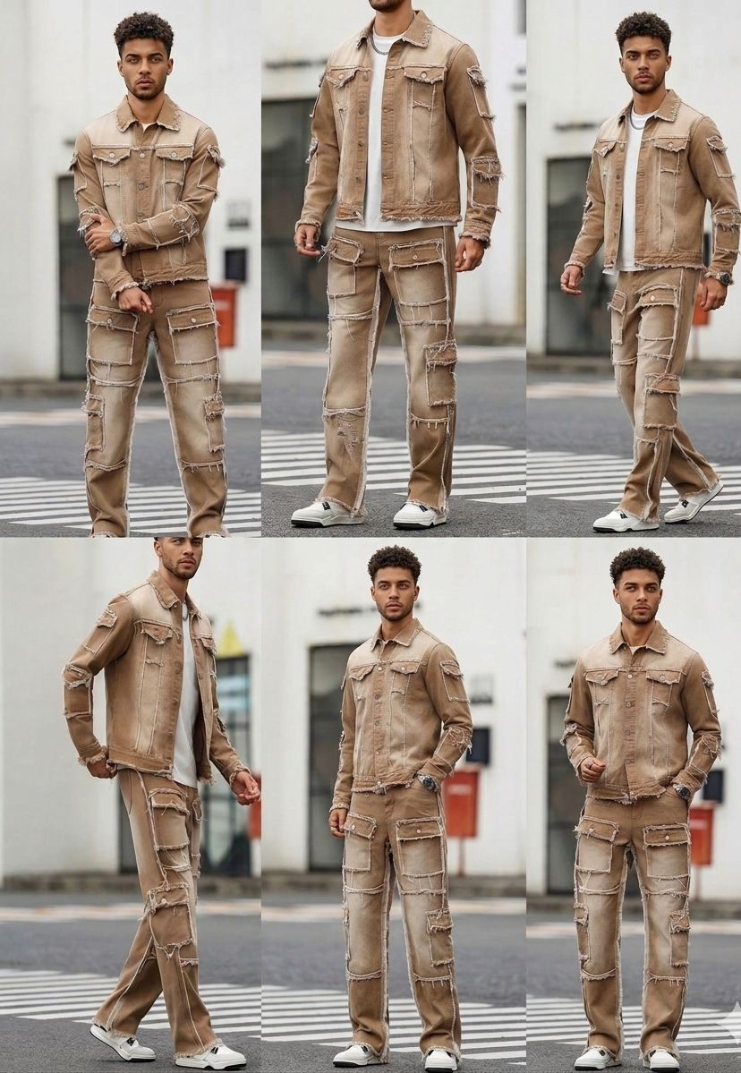 Men's Hip-Hop Denim Khaki Deconstructed Gradient Colorblock Distressed Patchwork Washed Frayed Jean Jacket & Ripped Deconstructed Raw Edge Cargo Multi-Pocketed Wide Leg Streetwear Jeans 2-Piece Set