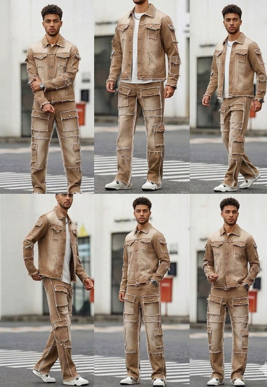 Men's Hip-Hop Denim Khaki Deconstructed Gradient Colorblock Distressed Patchwork Washed Frayed Jean Jacket & Ripped Deconstructed Raw Edge Cargo Multi-Pocketed Wide Leg Streetwear Jeans 2-Piece Set