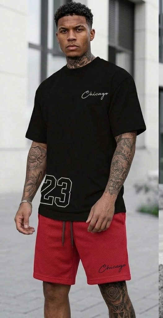 Men's Sportswear "#26 Chicago" Letter Print Short Sleeve T-Shirt+ Drawstring Basketball Shorts Fitness 2-Piece Set
