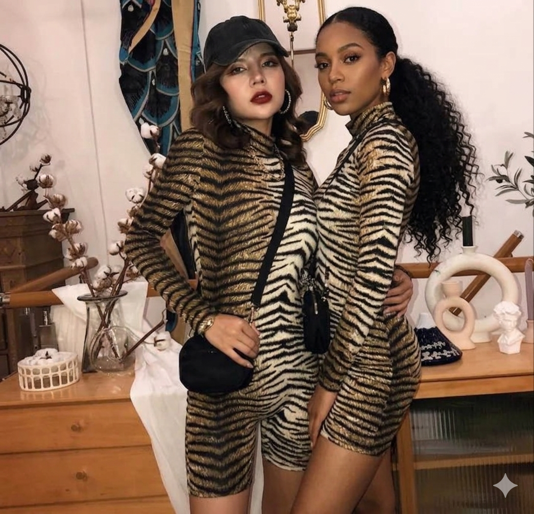 Leopard/Zebra Print Mock Neck Long Sleeve Women's Skinny Bodycon Shorts Romper