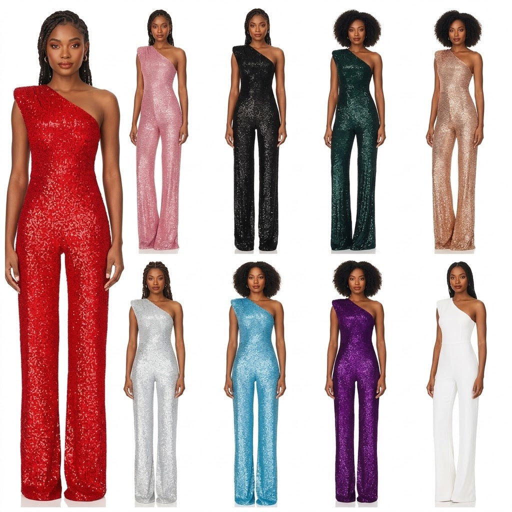 Sequin Sleeveless Sparkling Glitter Asymmetrical One Shoulder Women's Jumpsuit
