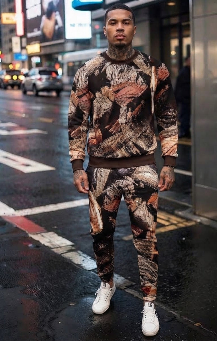 Men's Camo Geometric Fall Leaf Print O-Neck Long Sleeve Sweatshirt + Skinny Jogger Sweatpants Tracksuit to 6X Big & Tall