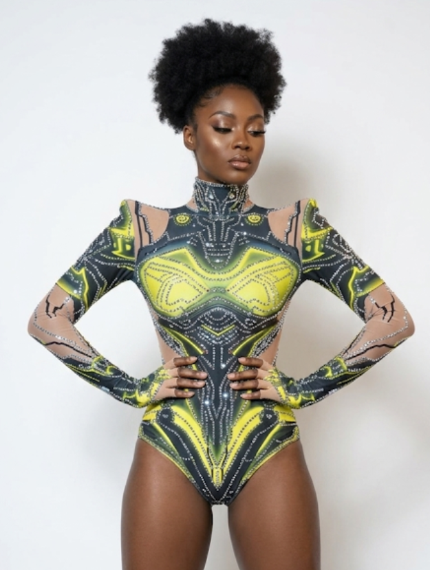 Designer Sparkling Rhinestone Geometric Robot Print Hollow-Out Shoulder Women's Long Sleeve Skin Tight Formal Stage Performance Bodysuit Romper