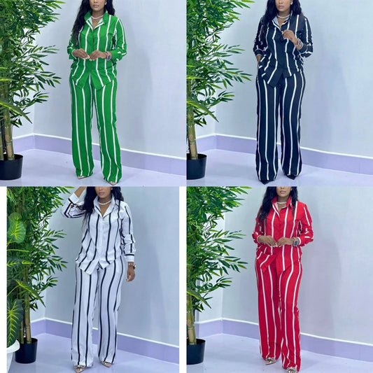 Striped/Geometric Women's Button-Up Long Sleeve Turn-Down Collar Blouse + Wide Leg Pants 2-Piece Set