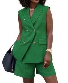 Business Button Design Double Breasted Women's Sleeveless Vest + Shorts Solid Color 2-Piece Suit
