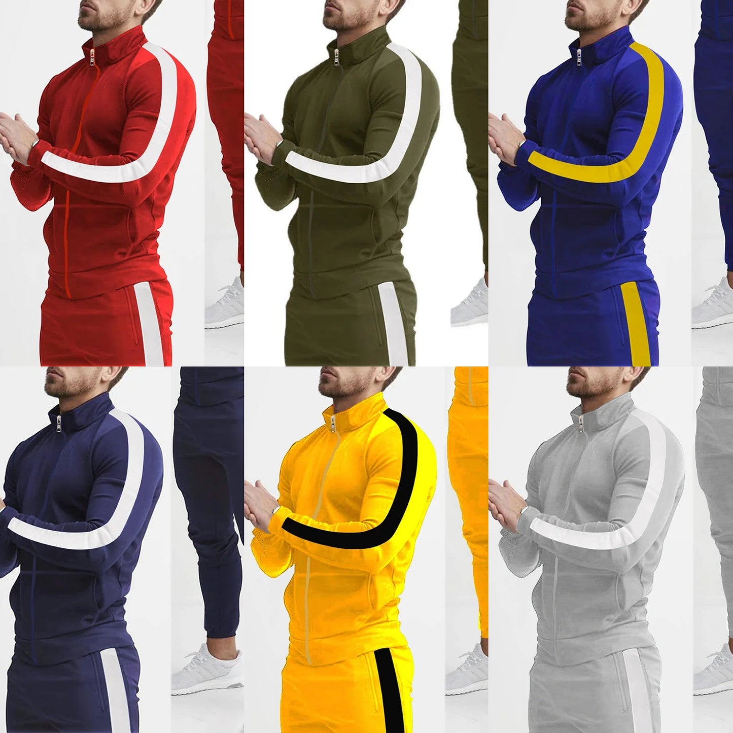 Men's Striped Mandarin Collar Fitness Zipper Jacket + Skinny Side Striped Jogger Sweatpants Tracksuit