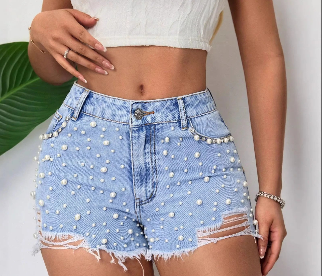 Denim Western Pearl Embellished Ripped Light Blue Women's Mini Jean Shorts
