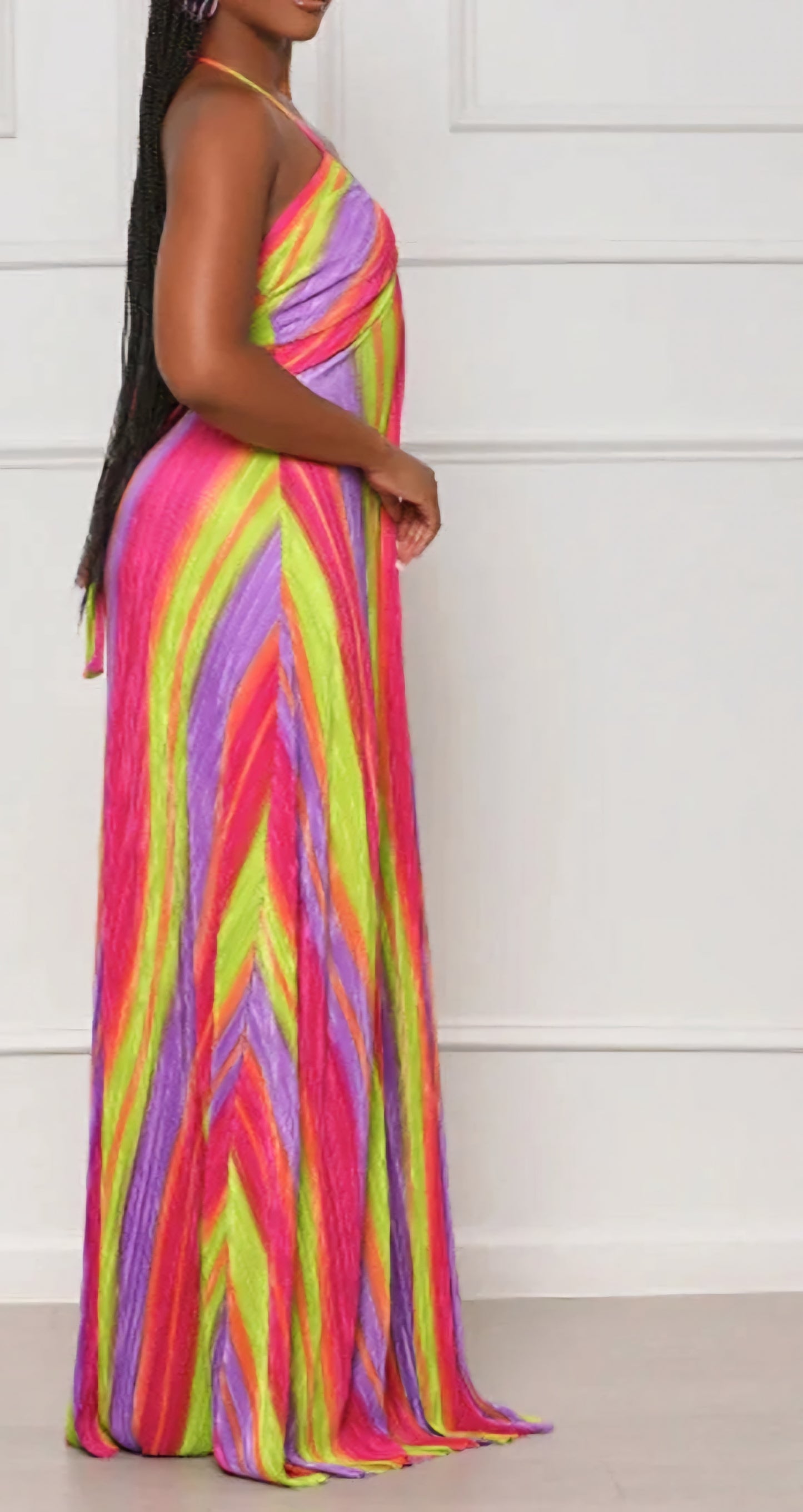 Rainbow Pastel Colorblock Striped Printed Strapless Sleeveless Straight Pleated Maxi Dress