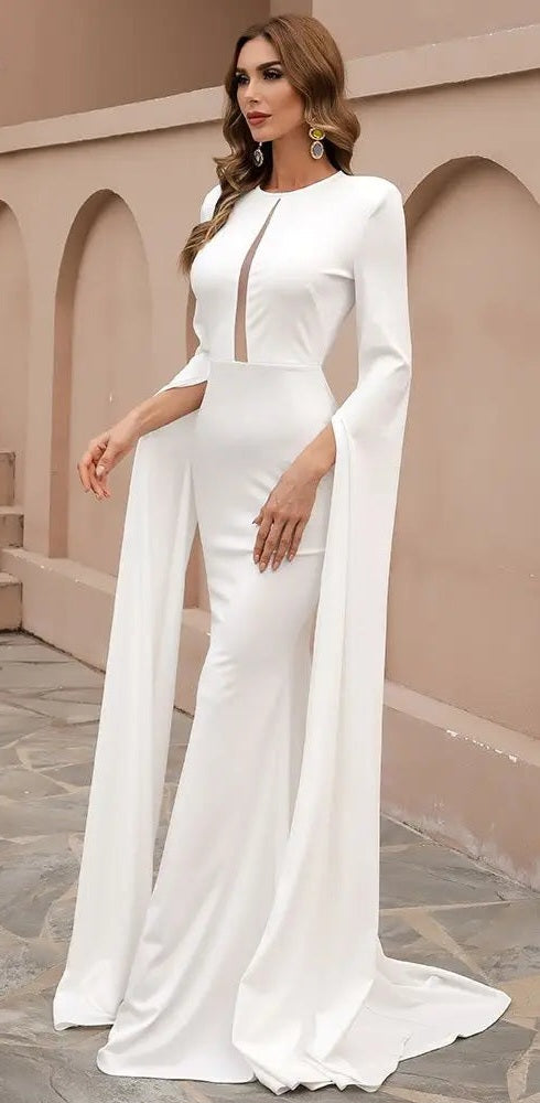 Mermaid Trumpet High Slit Long Sleeve Hollow-Out Bodycon Floor-Length Evening Gown Formal Maxi Dress