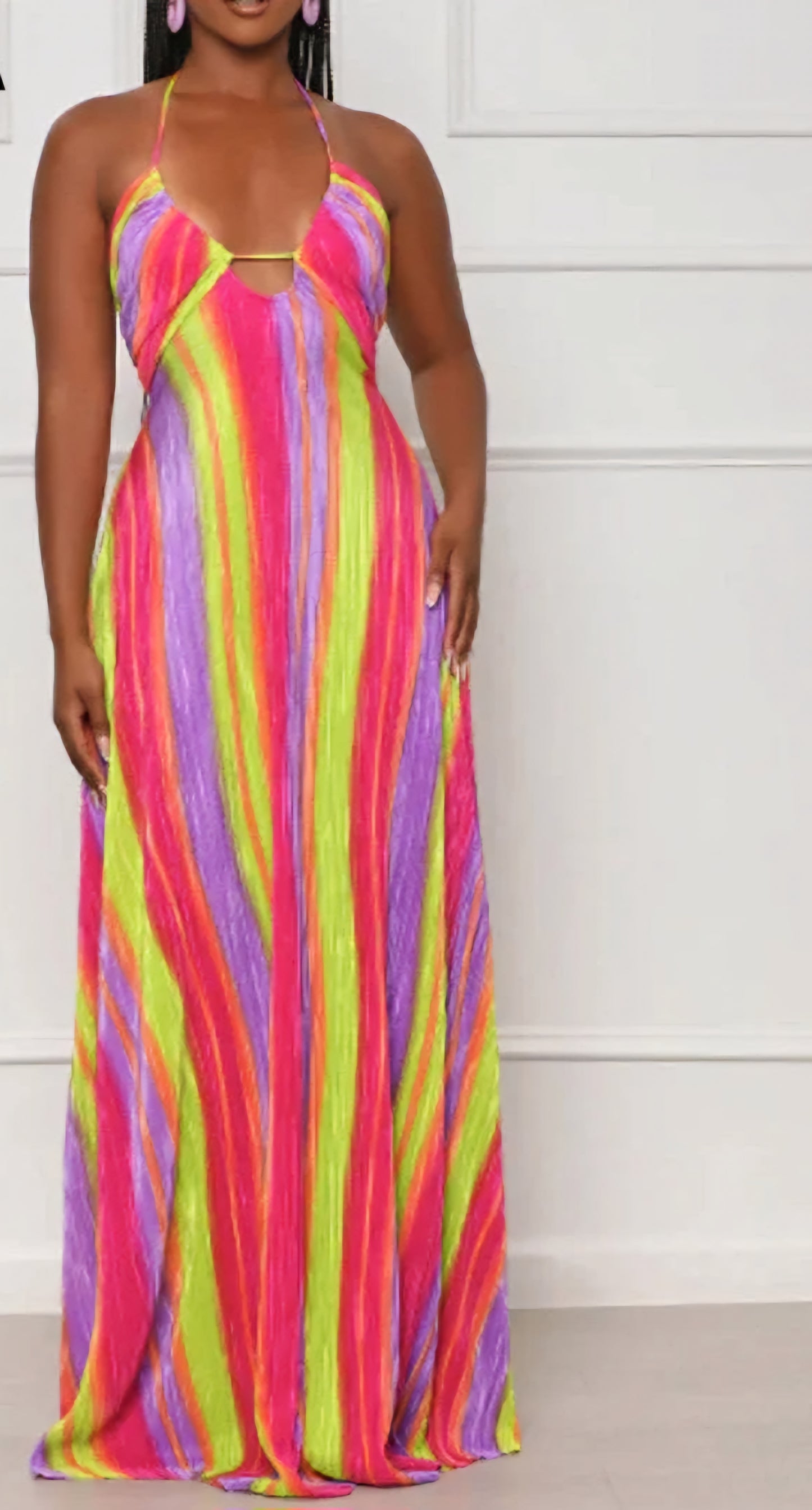 Rainbow Pastel Colorblock Striped Printed Strapless Sleeveless Straight Pleated Maxi Dress
