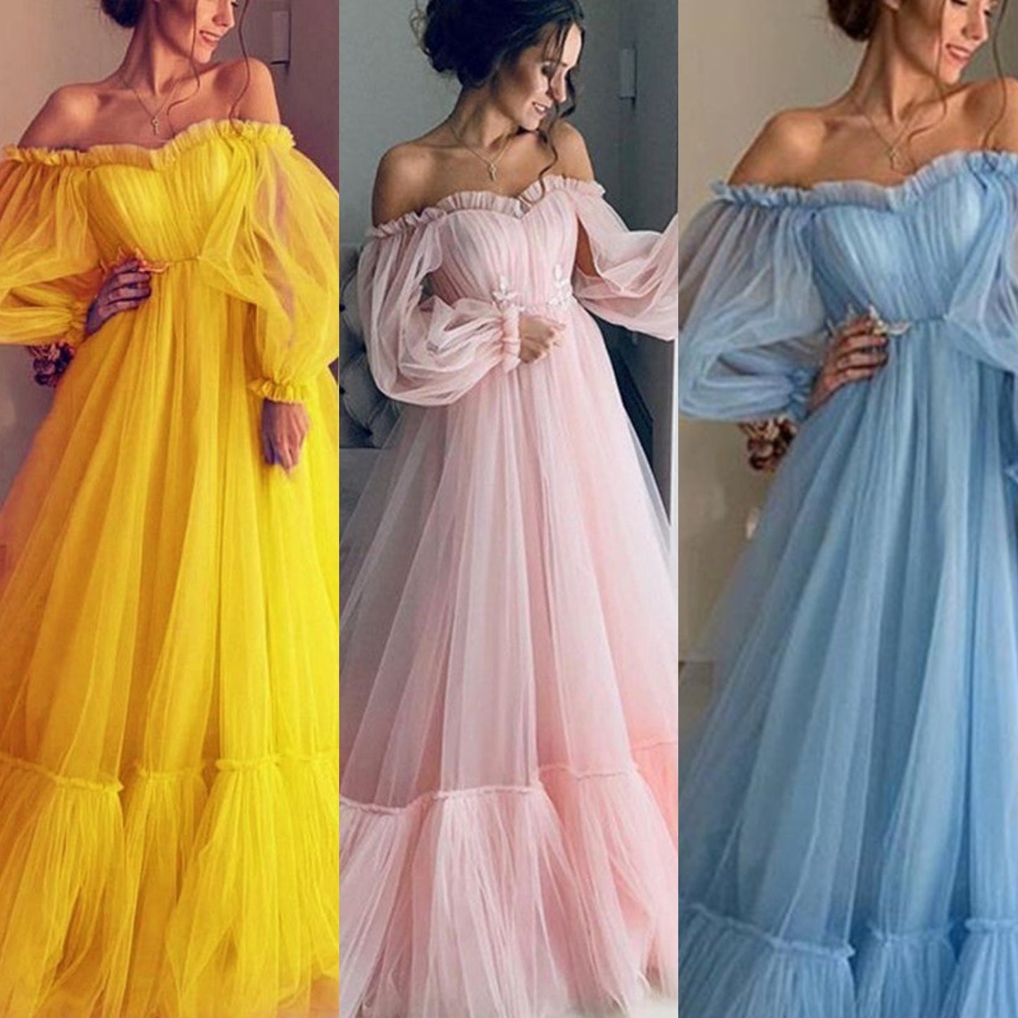 Victorian Oversized Off-the-Shoulder Mesh Sheer Solid Color Long Sleeve Maxi Formal Floor-Length Dress