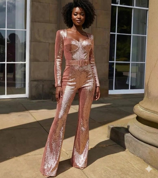 Sequined Sparkling Glitter Skinny Long Sleeve Flare Leg Women's Formal Party Jumpsuit