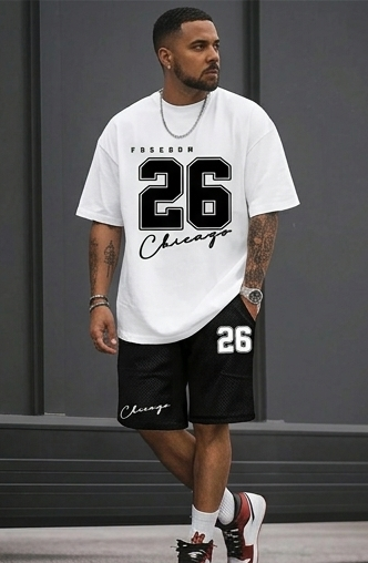 Men's Sportswear "#26 Chicago" Letter Print Short Sleeve T-Shirt+ Drawstring Basketball Shorts Fitness 2-Piece Set
