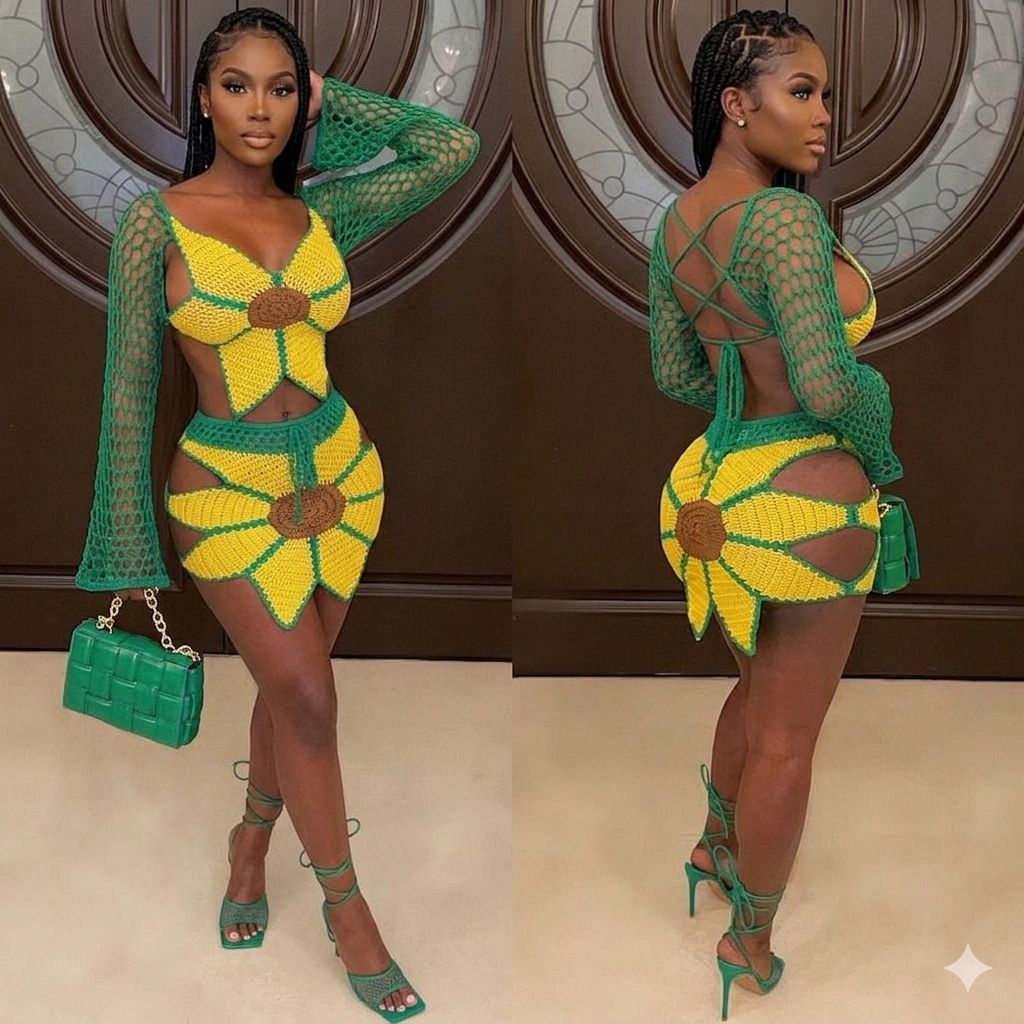 Handmade Women's Crochet Green/Yellow Sunflower Design Swimwear Cover-Up 2-Piece Set: Long Sleeve Hollow-Out Crop Top + Mini Bodycon Skirt