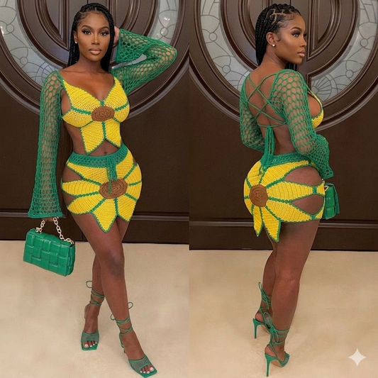 Handmade Women's Crochet Green/Yellow Sunflower Design Swimwear Cover-Up 2-Piece Set: Long Sleeve Hollow-Out Crop Top + Mini Bodycon Skirt
