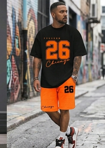Men's Sportswear "#26 Chicago" Letter Print Short Sleeve T-Shirt+ Drawstring Basketball Shorts Fitness 2-Piece Set