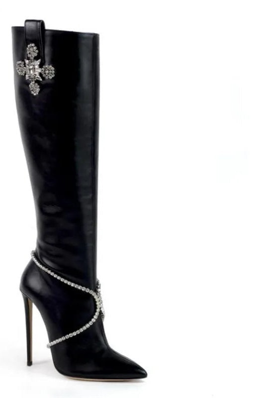 Solid Crystal Rhinestone Cross Pendant Pointed Toe High Heel Boots