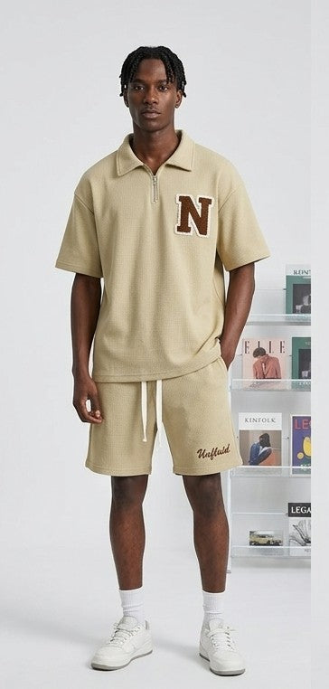 Men's Hip-Hop Streetwear Initial Letter Print Polo Shirt + Drawstring Shorts 2-Piece Set