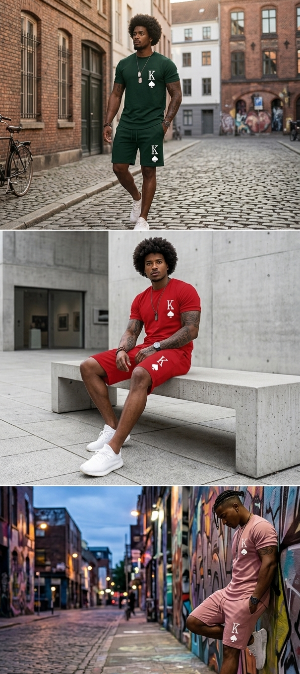 Men's King Of Spades Print Loose Solid Color Casual T-Shirt + Shorts 2-Piece Set to 6X Big & Tall