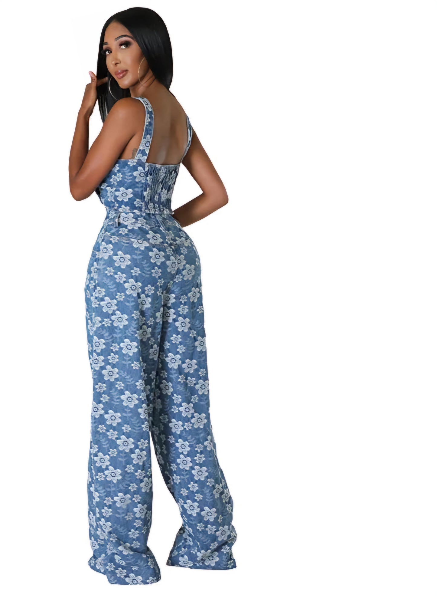 Denim Flower Printed Cami Crop Tank Top + Ripped Wide Leg Pants Women's 2-Piece Set