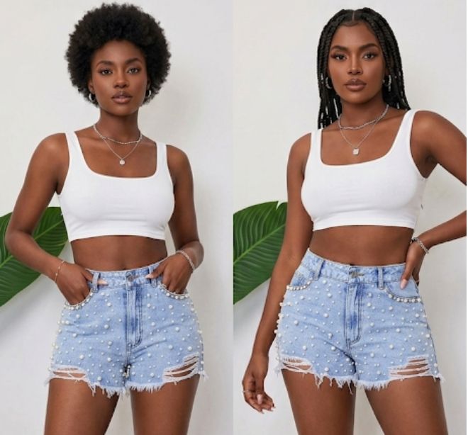 Denim Western Pearl Embellished Ripped Light Blue Women's Mini Jean Shorts