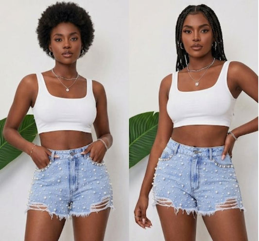 Denim Western Pearl Embellished Ripped Light Blue Women's Mini Jean Shorts