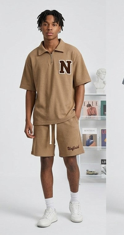 Men's Hip-Hop Streetwear Initial Letter Print Polo Shirt + Drawstring Shorts 2-Piece Set