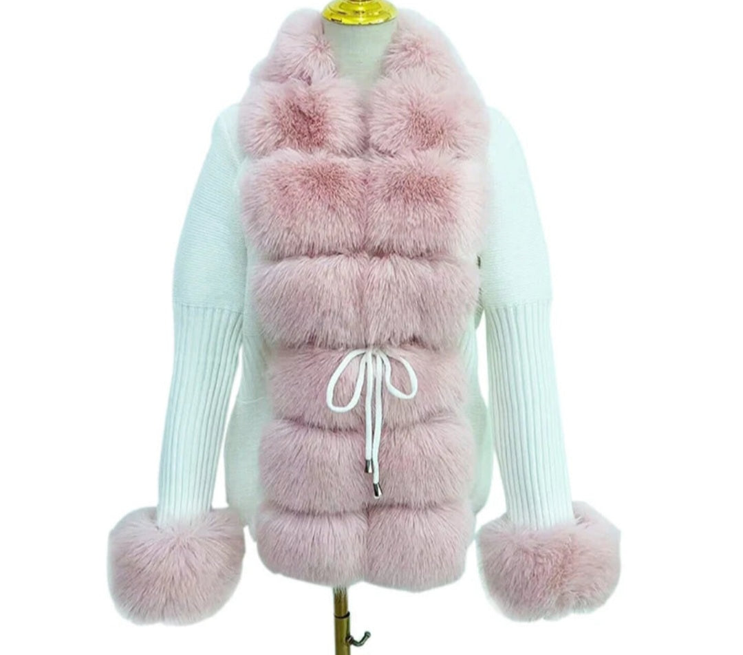 Faux Fur Ladies Knitted Detachable Collar Cardigan Sweater Jacket