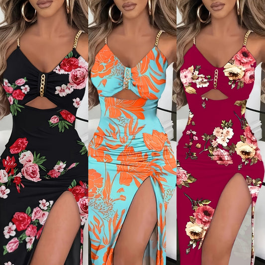 Flower Print Gold Chain Spaghetti Strap Sexy Cut-Out Sleeveless Bodycon High Slit Maxi Dress