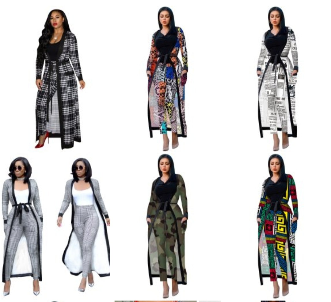 Geometric/Newspaper/Plaid/Houndstooth/Snakeskin/Camo Print Women's Maxi Cardigan + Leggings 2-Piece Set