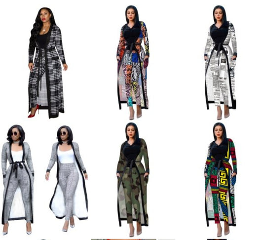 Geometric/Newspaper/Plaid/Houndstooth/Snakeskin/Camo Print Women's Maxi Cardigan + Leggings 2-Piece Set