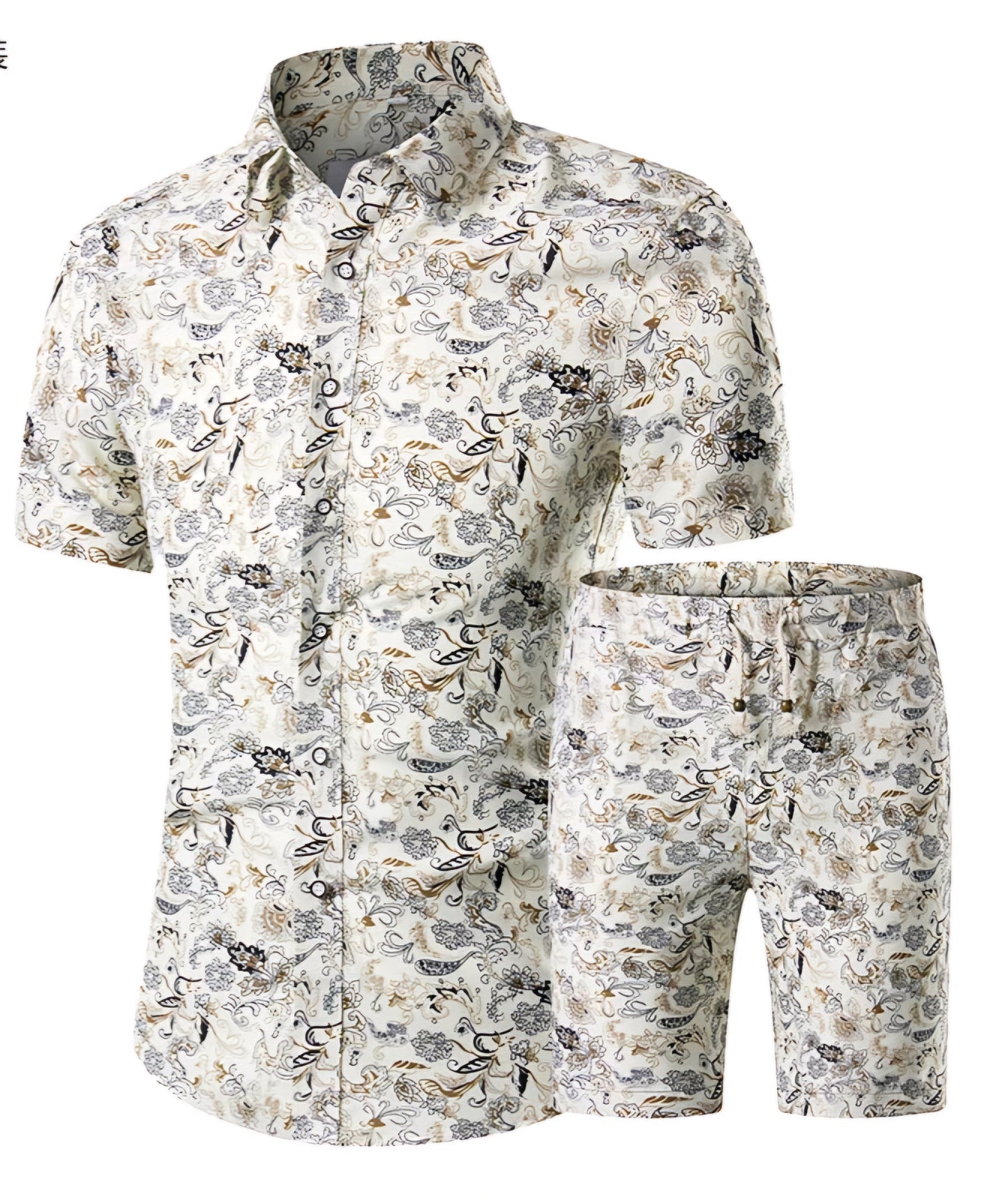 Men's Camouflage/Baroque/Floral/Hawaiian Print Short Sleeve Turn-Down Collar Shirt + Matching Drawstring Shorts 2-Piece Set