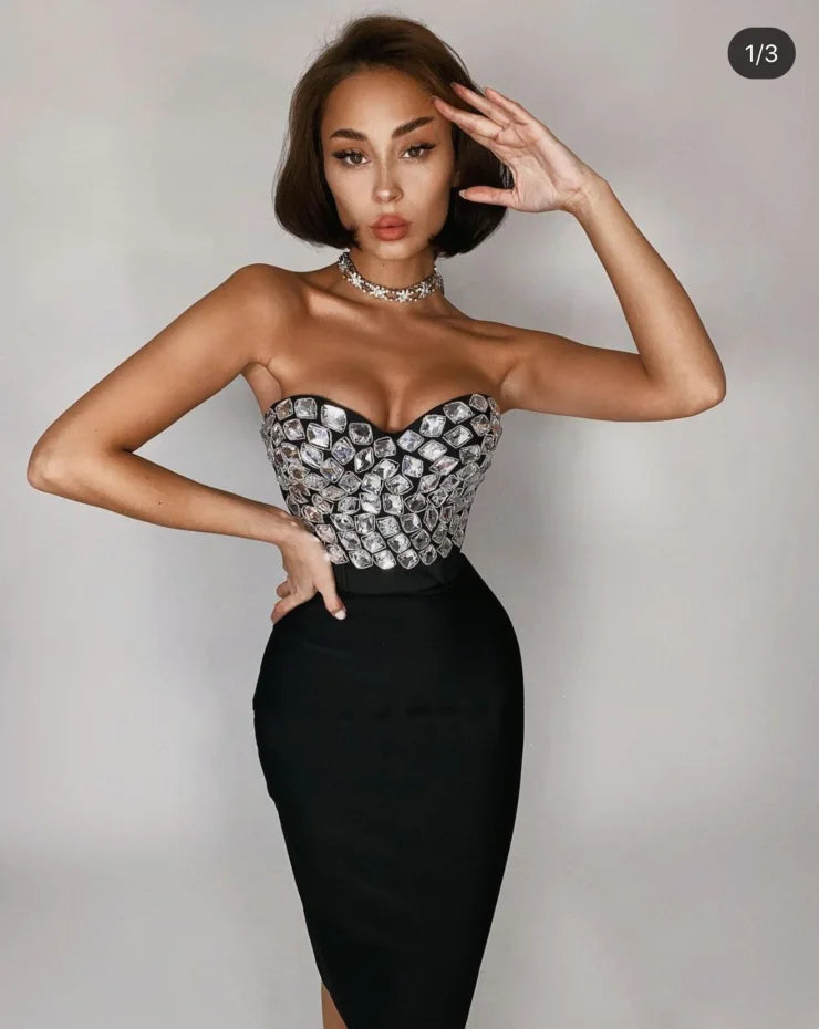 Gem Rhinestone Embellished Tube Corset Top + Midi Solid Skirt 2-Piece Set