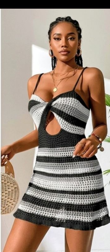 Crochet Striped Colorblock Knitted Twisted Spaghetti Strap Hollow-Out Lace-Up Back Design Mini Dress