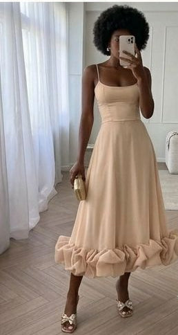 Ruffled Sleeveless Flower Hem Design Spaghetti Strap Flounce Bustier Fishtail Maxi Dress