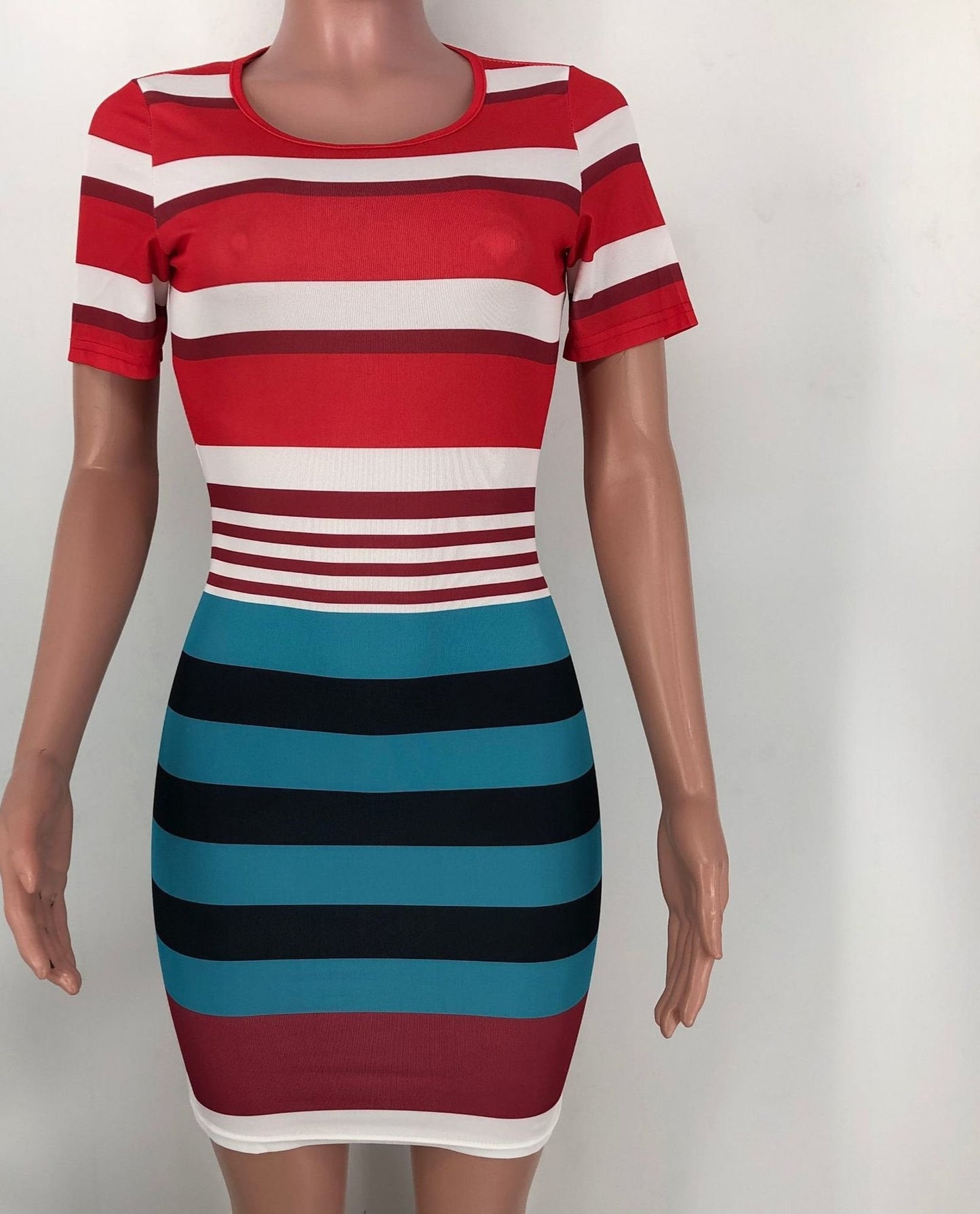 Striped Round Neck Short Sleeve Bodycon Dress