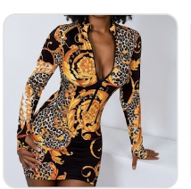 Geometric/Plaid/Baroque/Houndstooth Long Sleeve Bodycon Deep V-Neck Mini Dress