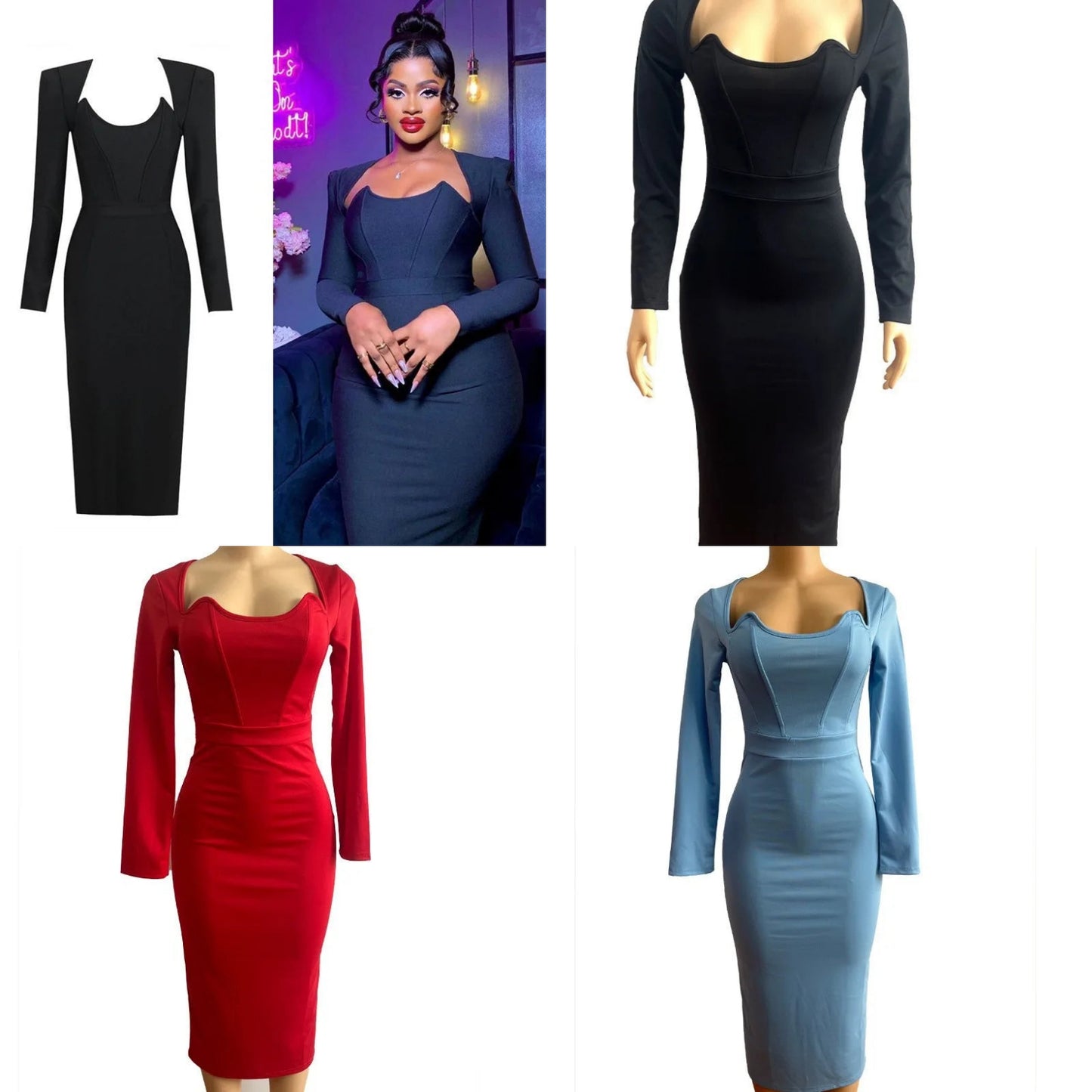 Corset Top French Bone Shape Design Solid Color Bodycon Midi O-Neck Long Sleeve Skinny Maxi Party Dress
