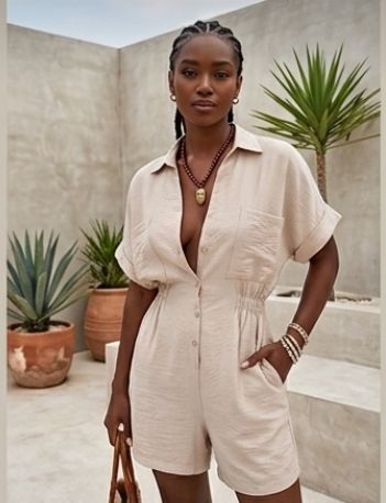 Deep V-Neck Turn-Down Collar Button-Up Solid Color Short Sleeve Women's Shorts Romper
