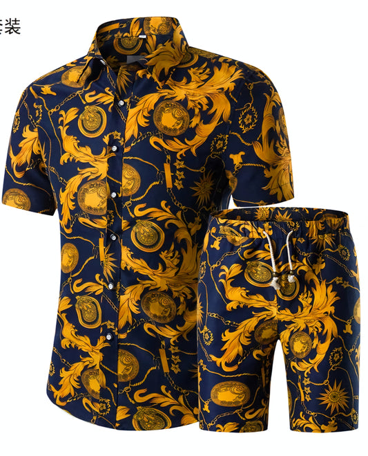 Men's Camouflage/Baroque/Floral/Hawaiian Print Short Sleeve Turn-Down Collar Shirt + Matching Drawstring Shorts 2-Piece Set