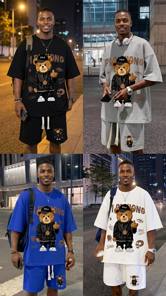 Men's Hip-Hop Teddy Bear Embroidered Short Sleeve T-Shirt+ Drawstring Shorts 2-Piece Set to 5X Big & Tall