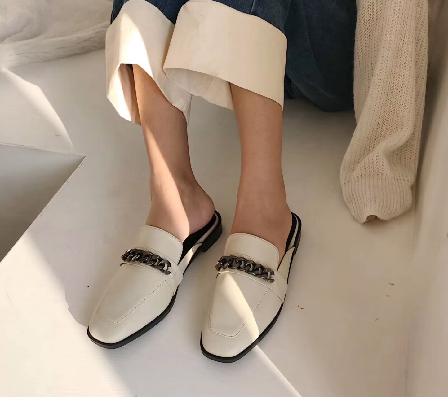 Chain Link Slip On Solid Color Ladies Flat Mules