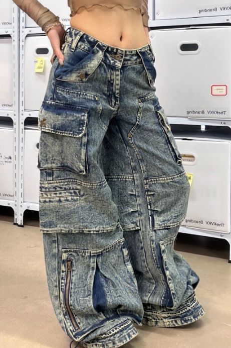 Faded Denim Baggy Multi-Pocketed Reverse Zipper Design Women's Hip-Hop Streetwear Cargo Jeans to 4X Plus Size
