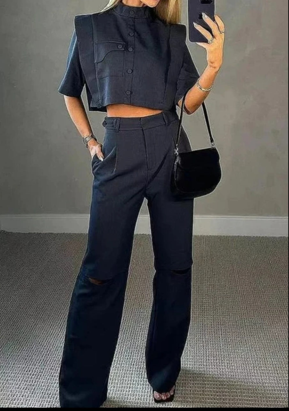 Button-Up  Short Sleeve Cropped Solid Blouse + High-Waisted Ripped Wide Leg Commuter Pants Ladies Pants Suit