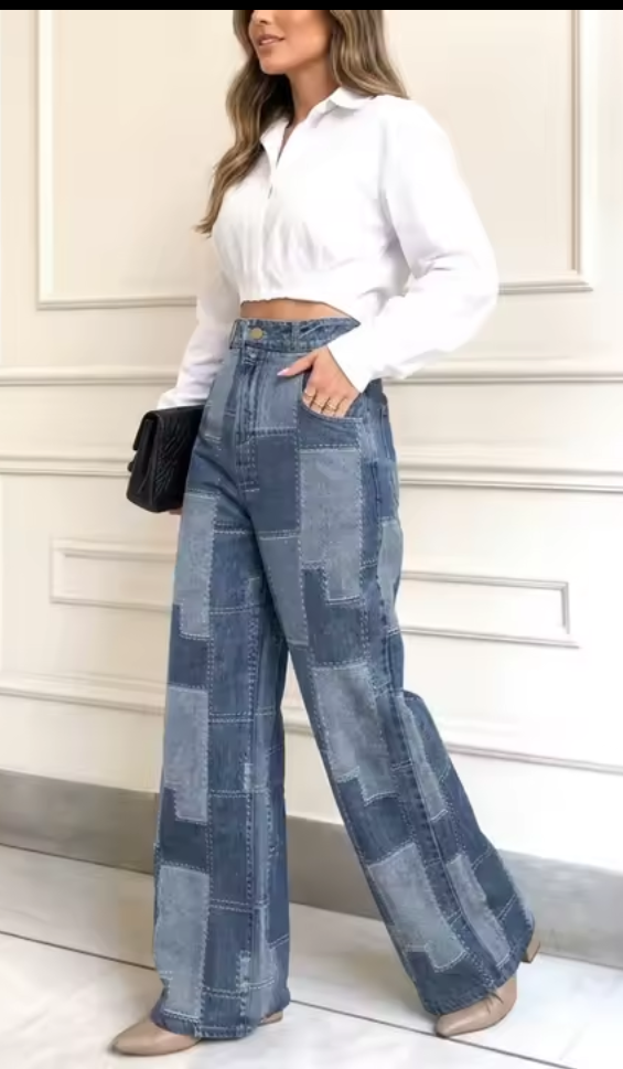 Denim Women's Colorblock Checker Print Streetwear Wide Leg Loose High Waist Trouser Jeans