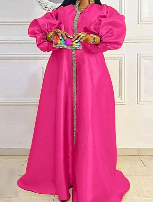 Satin Long Lantern Sleeve V-Neck Patchwork Baggy Robe Maxi Dress to 5X