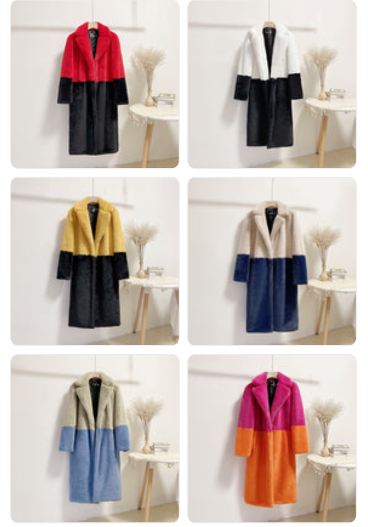 Faux Fur Colorblock 2-Tone Turn-Down Collar Women's Winter Trenchcoat to 5X Plus Size