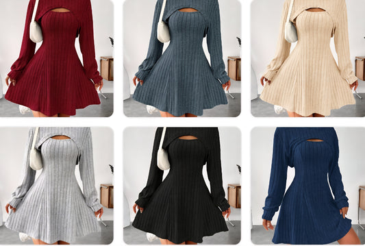 Cut-Out Ribbed Long Sleeve Solid Color Women's Hoodie Shrug Crop Top & Sleeveless Flared Square Neck A-Line Tank Dress 2-Piece Set