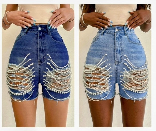 Handmade Tassel Fringe Pearl Chain Decor Denim Dark Blue/Light Blue Women's Jean Shorts